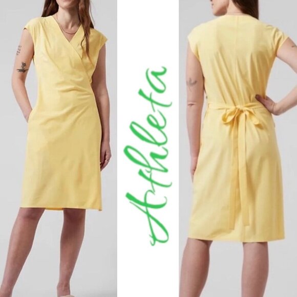 ATHLETA Newport Summer Wrap Dress Yellow Wrinkle Resistant, Size Medium - Picture 1 of 10